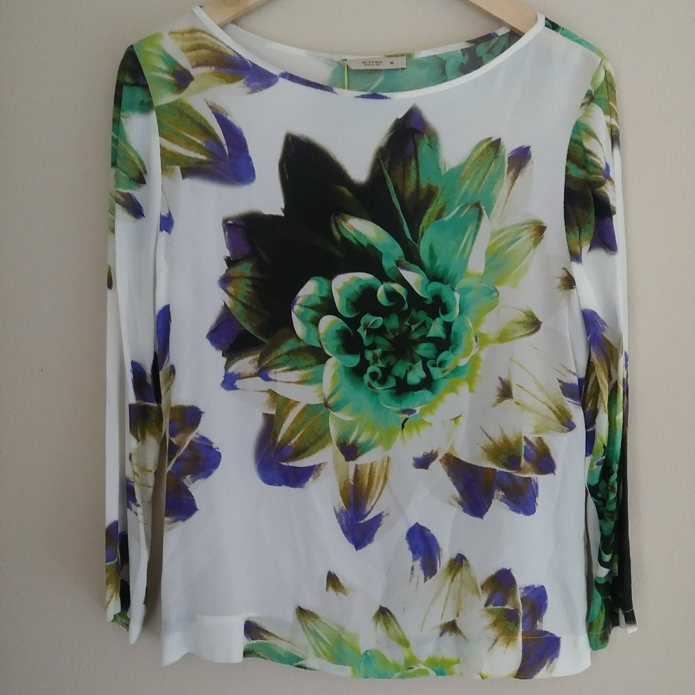 NWT Etro Green and Purple Floral Blouse. Size 46